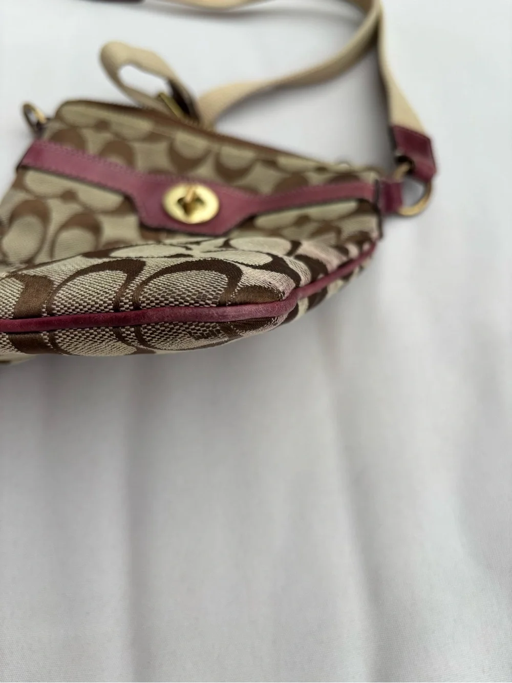 Coach Small Crossbody with Brown Signature Canvas and Pink Trim